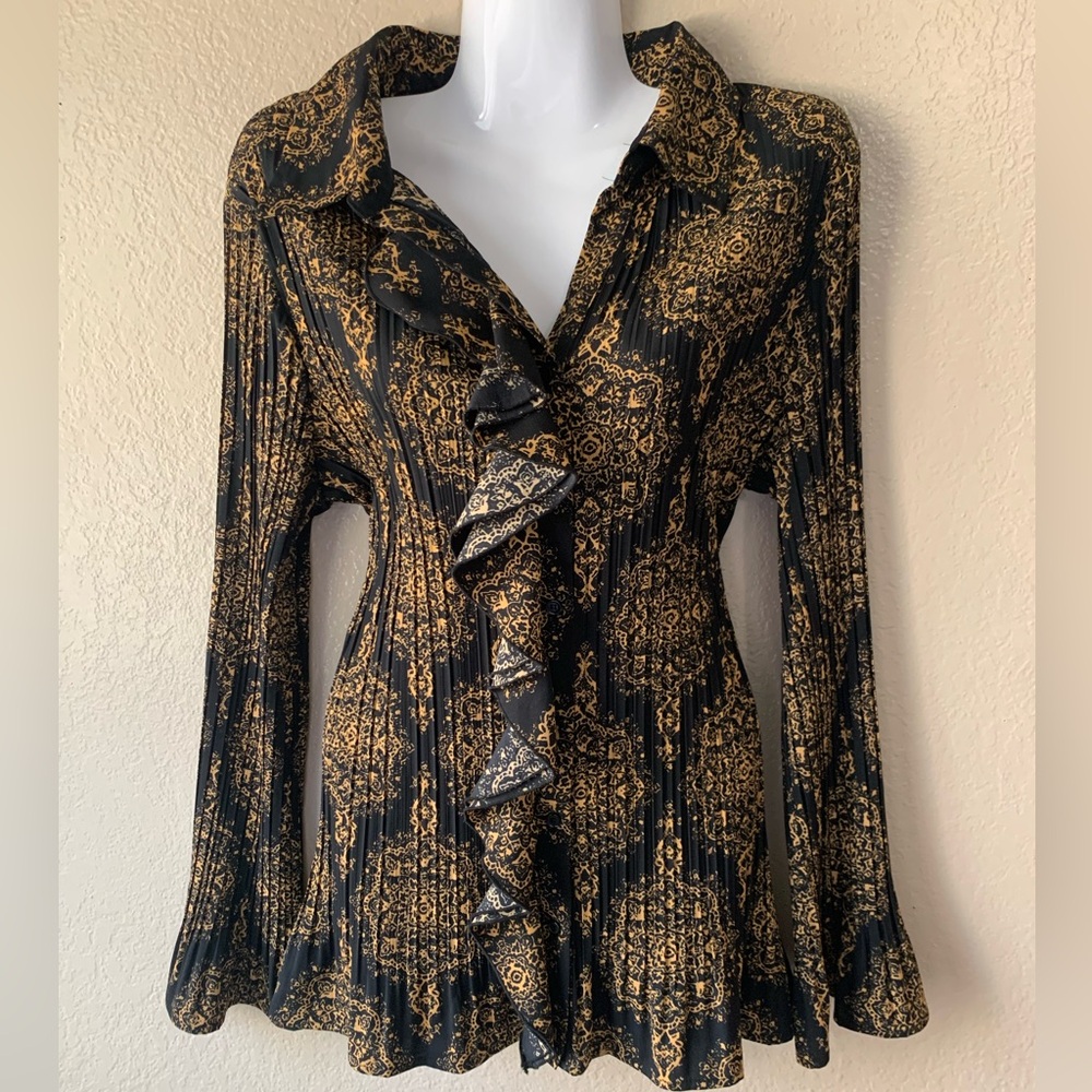 Laura Scott Y2K Black Gold Floral Accordian Bell Sleeve Victorian Blouse Size L